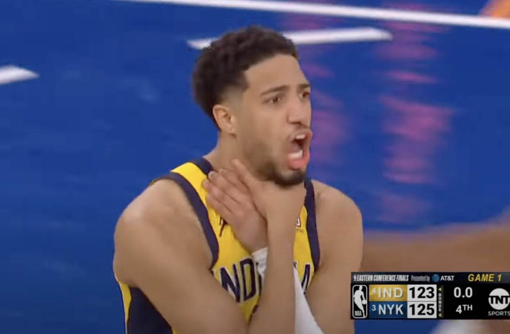 Tyrese Haliburton choke sign pacers knicks